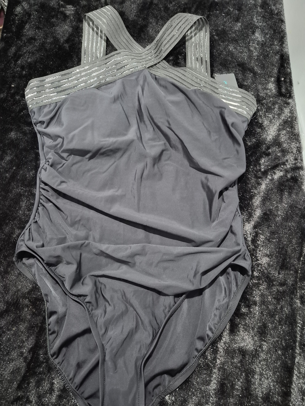 Aqua Green Gray One-Piece Swimsuit with Silver Accent Straps